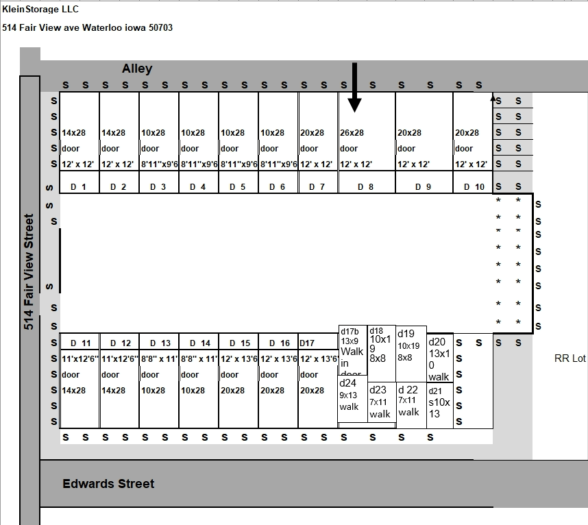 Various sized storage units diagram. 12x12 and other walk-in sizes.