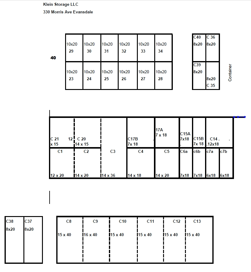Layout of different sized storage units. 10x20, 8x20, 20x15, and more.